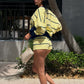 Sporty Stripes 2 Piece Set Women Color Blocking Trend Full Sleeve V-Neck T-Shirt+Bike Short Fashion Simple Streetwear