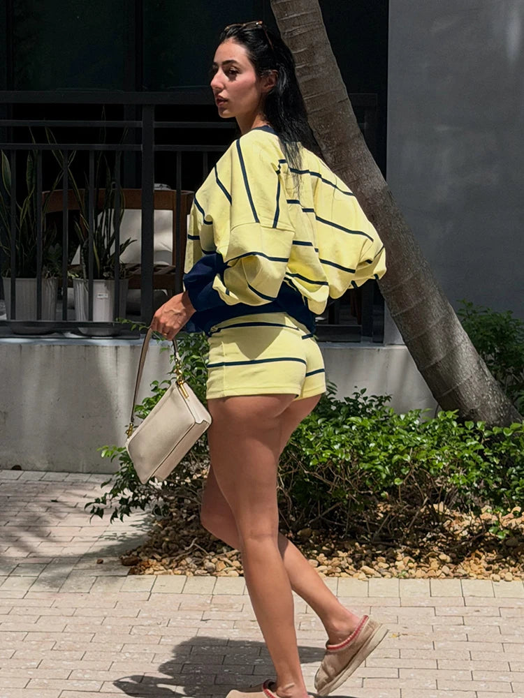 Sporty Stripes 2 Piece Set Women Color Blocking Trend Full Sleeve V-Neck T-Shirt+Bike Short Fashion Simple Streetwear