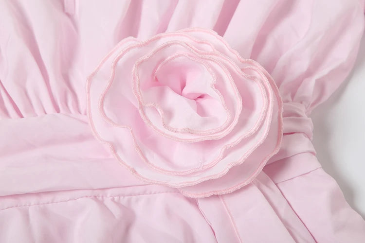 3D Flower Decoration Dress Women Y2K Sweet Style Flare Sleeve Ruched Ribbon Vacation Fashion Elegant Mini Bodycon