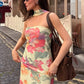 Flower Print 2 Piece Set Women Elastic Strapless Dress+Ribbon Scarf Vacation Party Elegant Fashion Stretch Vestidos