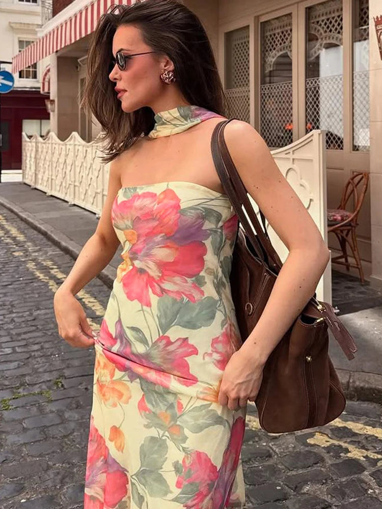 Flower Print 2 Piece Set Women Elastic Strapless Dress+Ribbon Scarf Vacation Party Elegant Fashion Stretch Vestidos