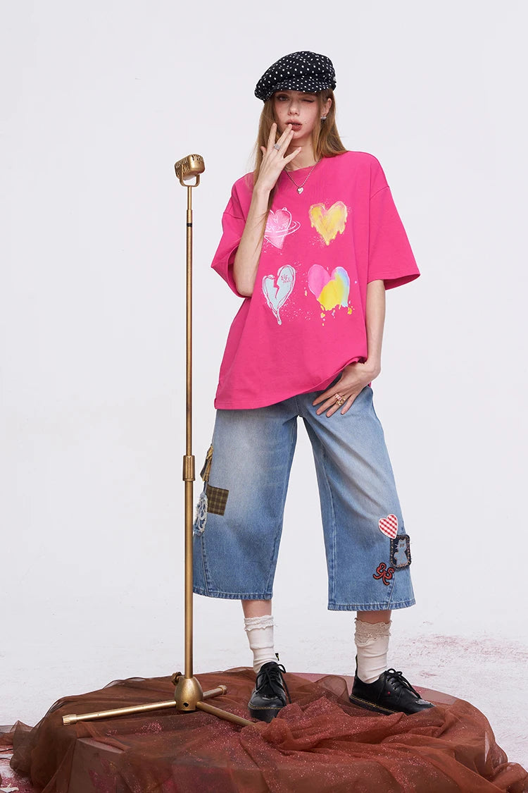 Women's Oversized T-Shirt with Colorful Heart Graffiti, Artistic Liquid Heart Print Tee for Summer, Chic Casual Cotton T