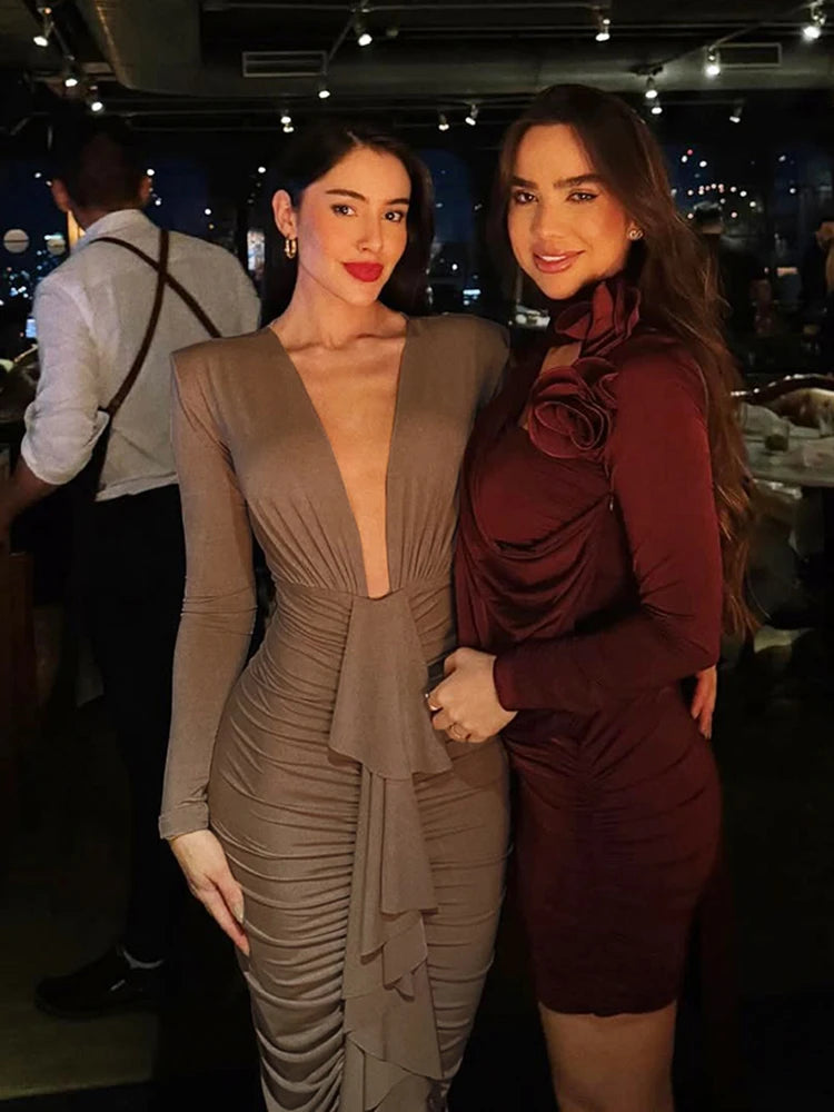 Ruched Ruffles Maxi Dress Deep V-Neck Full Sleeve Elegant Sexy Stretch Skinny Birthday Evening Cocktail Party Bodycon