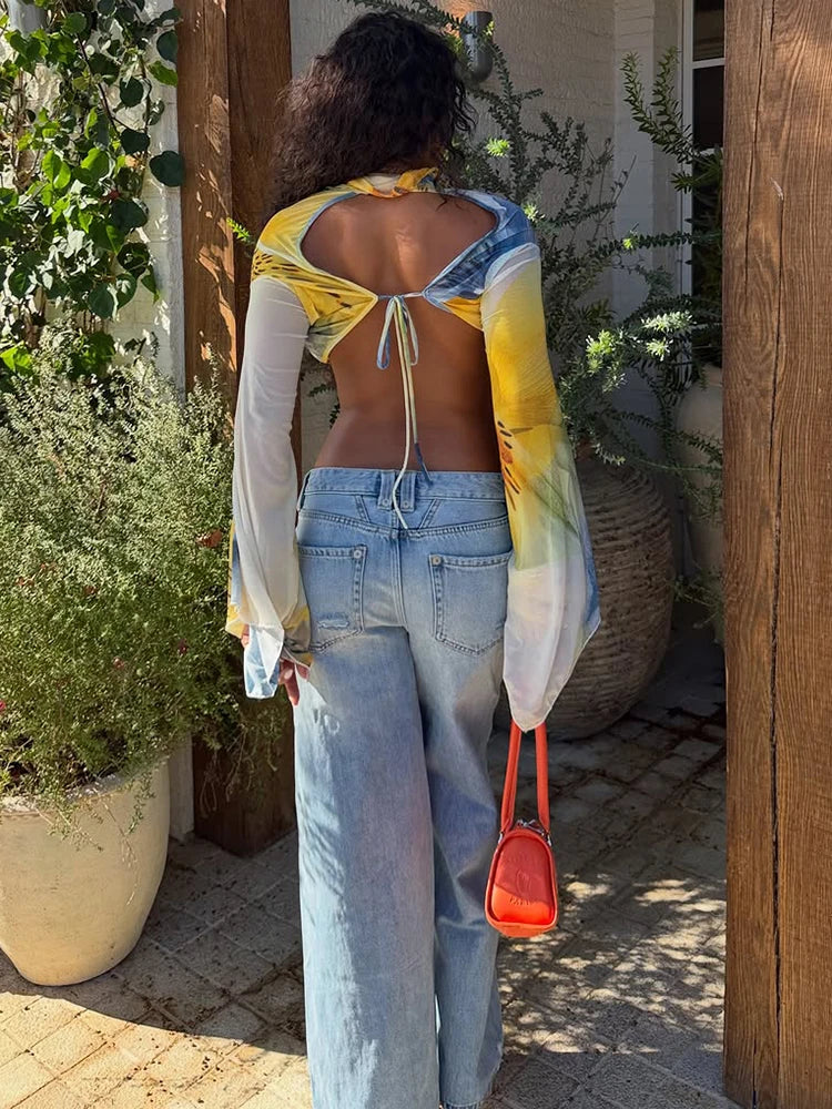 Backless Bandages T-Shirt Women Fashion Colorful PrintSee tThrough Puff Sleeve Sexy Hottie Street Party Crop Tess