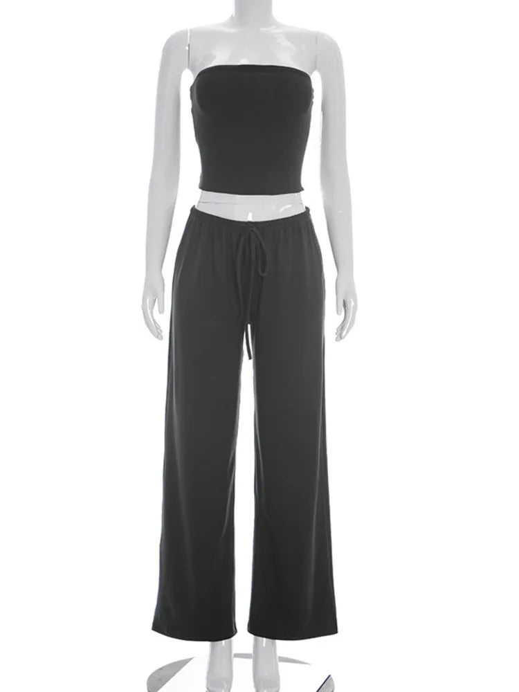Fashion Long Pants Set Women Strapless Off-shoulder Crop Top Trouser Matching Sets Female Slim Fit Club Party Pants Set