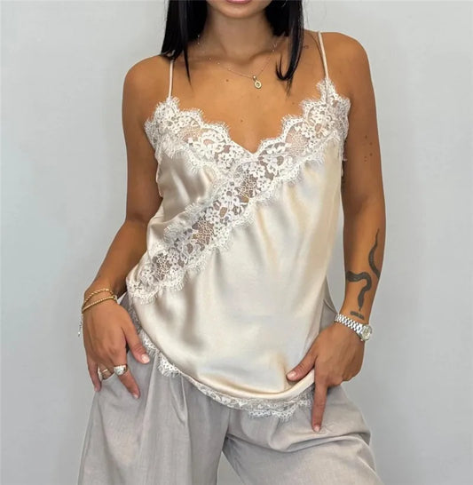 Women Lace Silk Satin Tank Tops Y2k Fairy V Neck Camisole Sleeveless Spaghetti Strap Summer Going Out Tops Streetwear