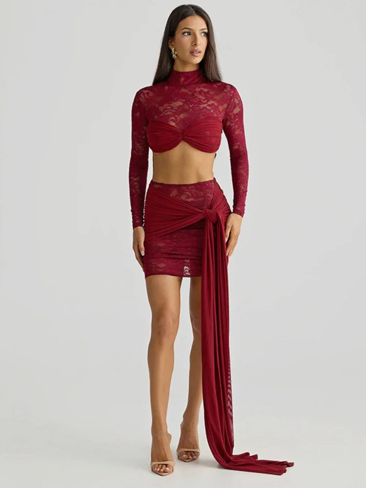 See Through Lace Mesh Two Piece Set Long Sleeve Crop Top and Mini Skirt Matching Sets Sexy Outfits Women
