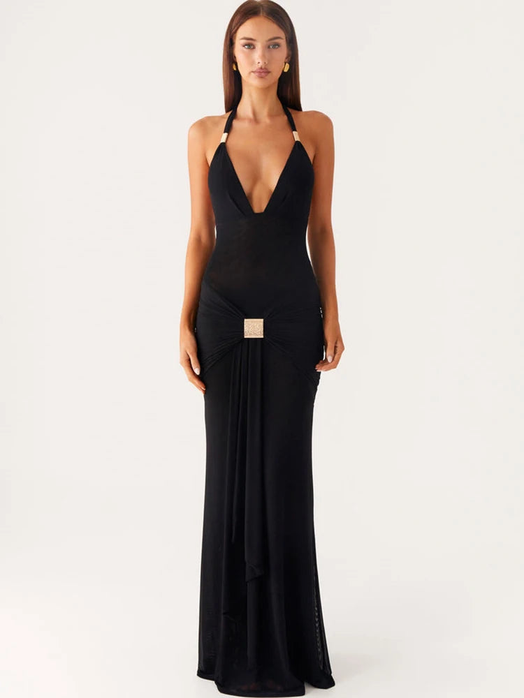 Halter Deep V Neck Sexy Maxi Dress Women Elegant Off-shoulder Sleeveless Backless Draped Ruched Slinky Club Party Dress