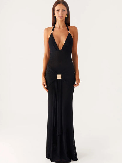 Halter Deep V Neck Sexy Maxi Dress Women Elegant Off-shoulder Sleeveless Backless Draped Ruched Slinky Club Party Dress