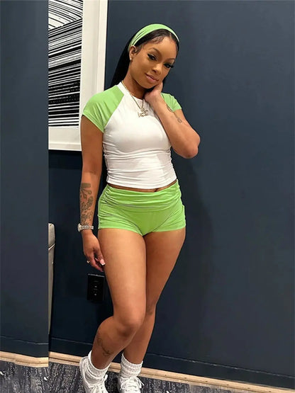 Summer Sporty Patchwork 3 Piece Set Women Casual Headband+Crop Top+High Waist Bike Shorts Street Fit Matching Tracksuit