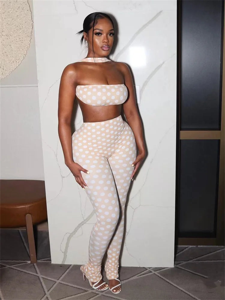 Hottie Polka Dot 2-Piece Set Women Halter Chest Wrapped Backless Top+Ruched Peach Hip Pants Stretch Skinny Clubwear