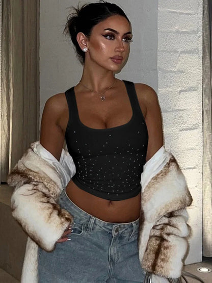 Rhinestone Crop Tops Black White Ribbed Square Neck Bodycon Tank Top Sexy Woman Clothing Summer 2025