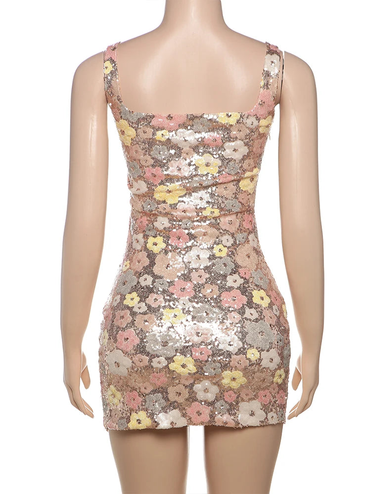 Colorful Flower Print Mini Dress Women Sequins Patchwork Skinny Backless Sleeveless Vacation Trend Elegant Outfits