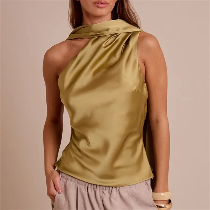 Summer Satin Tank Top Fashion Solid Backless Sleeveless with Scarf Ribbon Tanks High-Street Party Vacation Women's Top
