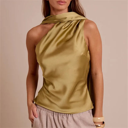 Summer Satin Tank Top Fashion Solid Backless Sleeveless with Scarf Ribbon Tanks High-Street Party Vacation Women's Top