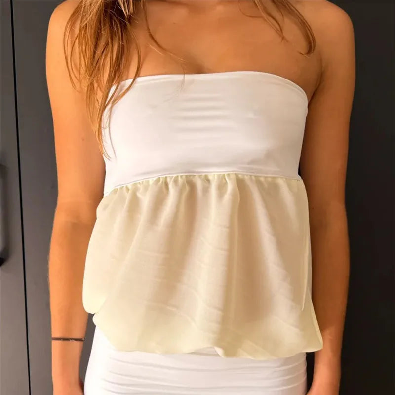 Y2K Sweet Strapless Mesh Spliced Tube Top Women Sheer Chiffon Peplum Flowy Crop Top Sleeveless Casual Party Blouse