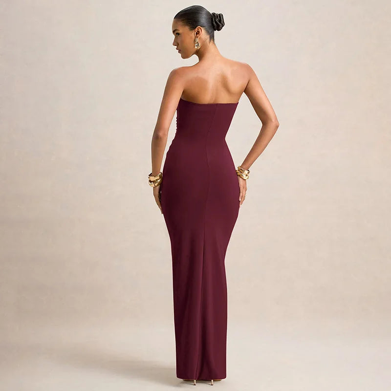 Strapless Ruched Long Maxi Dress for Woman Elegant Sexy Solid Evening Party Dresses Autumn 2025