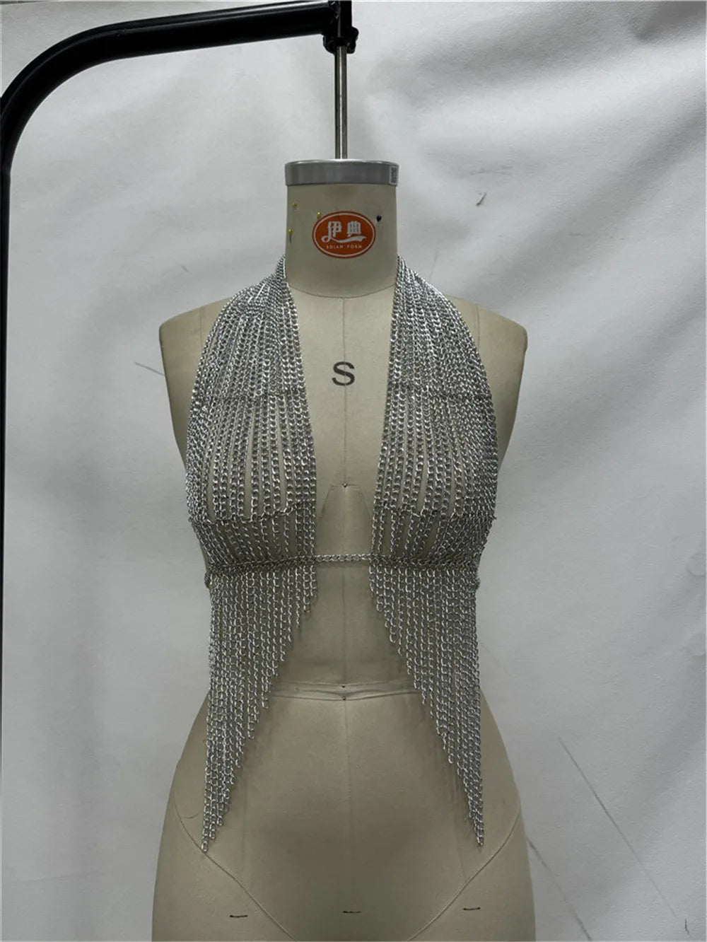Womens Metallic Chainmail Halter Tops Stylish Silver Draped Fringe Backless Sleeveless Vest for Club Party Wear