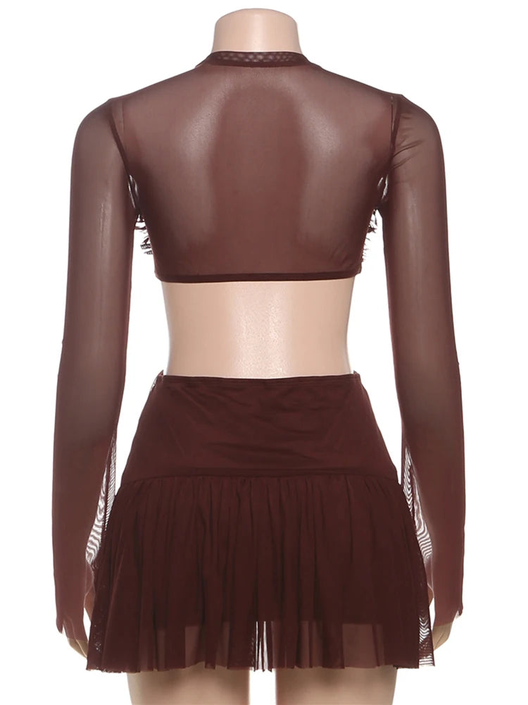 Waistless Pleated Hem Dress Women See Through Sexy Midnight Full Sleeve Coquette Clubwear Party Rave Mini Bodycon