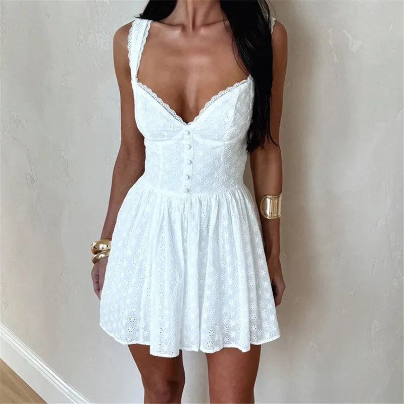 Women's Summer Mini Dress Stylish Solid Lace Trim Flower Embroidered Hollow Details Sleeveless V Neck A Line Dress