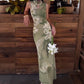 Hollow Maxi Dress Women Frog Button Stand-Up Collar Floral Print Sleeveless Classic Summer Elegant Chic Vestidos