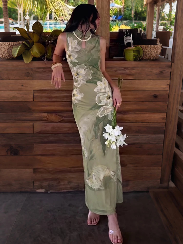 Hollow Maxi Dress Women Frog Button Stand-Up Collar Floral Print Sleeveless Classic Summer Elegant Chic Vestidos