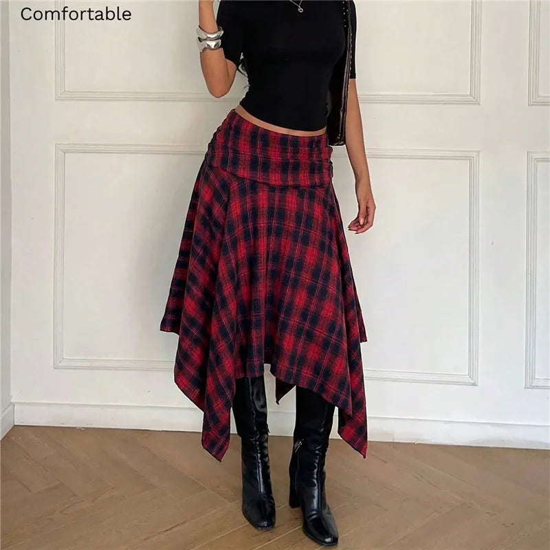Y2K Preppy College Tartan Midi Skirt Women Fold Over Waist Irregular Asymmetric Hem Plaid A Line Flare Skirt Streetwear