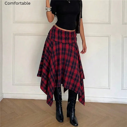 Y2K Preppy College Tartan Midi Skirt Women Fold Over Waist Irregular Asymmetric Hem Plaid A Line Flare Skirt Streetwear