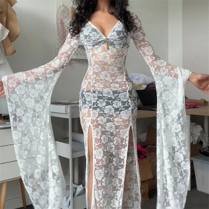 Women Halloween Floral Lace Sheer See Through Long Dress V Neck Flare Long Sleeve High Split Bodycon A-line Dresses