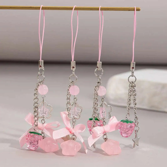 2025 New Korean Fashion Sweet Strawberry Bowknot Keychains Star Pendant Keyrings Ins Aesthetic Holder Bag Accessories