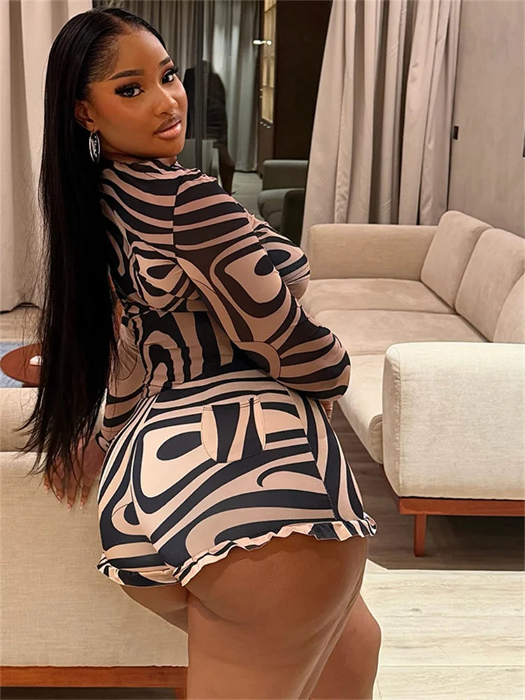 2 Piece Set Striped Print Mesh Women Full Sleeve O-neck T-shirts+Ruffle Trim Shorts Female New Fashion Chic Clubwear