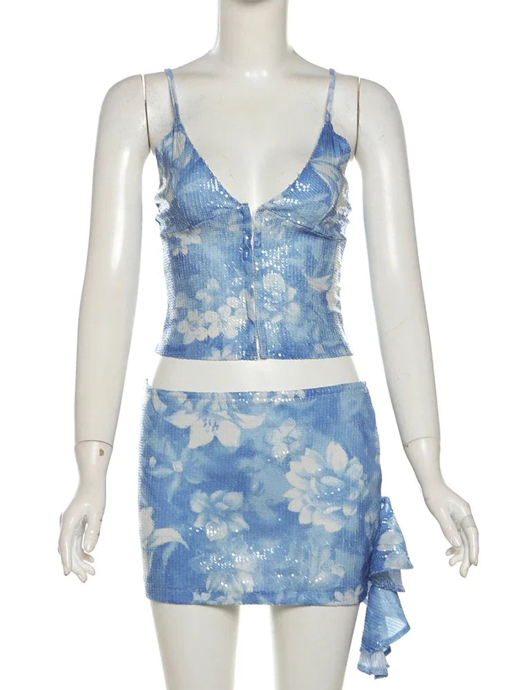 Sexy Glitter 2 Piece Set Women Y2K Sequins Halter V-Neck Backless Tops+Side Tassel Skirts Beach Party Matching Suits