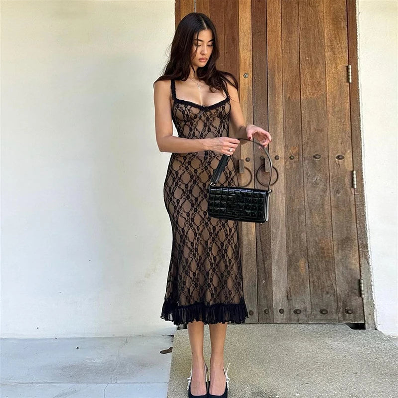 Floral Lace Black Sexy Dress for Woman Classy Spaghetti Strap Deep V Neck Bodycon Long Dresses French Style