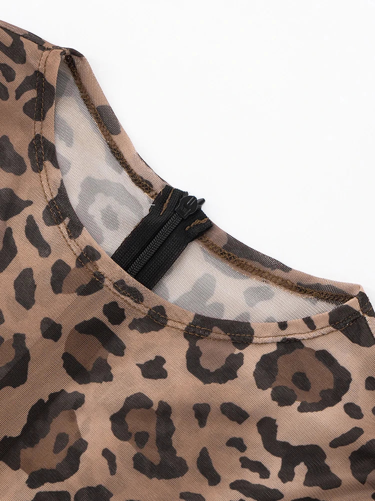 Leopard Print Flared Jumpsuit Women Sexy See Through o-Neck Full Sleeve Skinny Peach Hip Street Wild Style Overalls