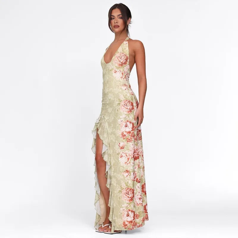 Floral Summer Dress for Women Elegant V Neck Backless Ruffled Split Maxi Dresses Sexy Resort Wear Woman