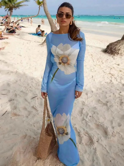 Mesh See Through Sexy Print Maxi Dress Women Summer Fashion Long Sleeve Lace-up Backless Beach Club Party Long Dress