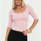 Y2K Women Low U Neck Mid Sleeve Top Decor Buttons Detail Stretchy Bodycon Cropped Tshirt Trendy Going Out Tee