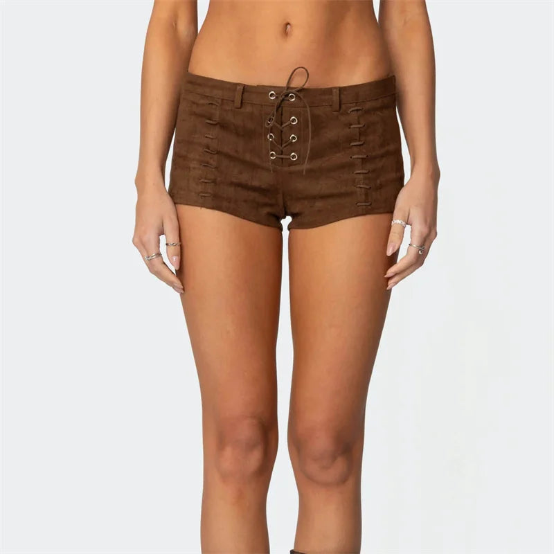 Y2K Faux Suede Lace Up Mini Shorts for Women Low Rise Drawstring Waist Side Lace Up Hot Pants Casual Summer Rave Party
