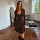 Elegant Brown V Neck Long Sleeve Midi Dress Fall 2026 Women's Casual Dresses