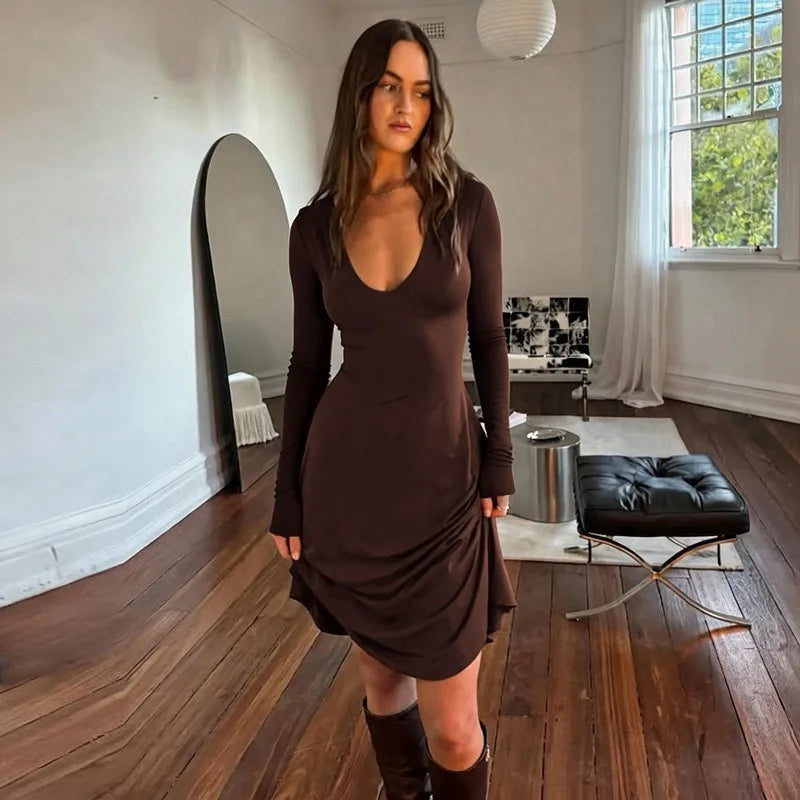 Elegant Brown V Neck Long Sleeve Midi Dress Fall 2026 Women's Casual Dresses