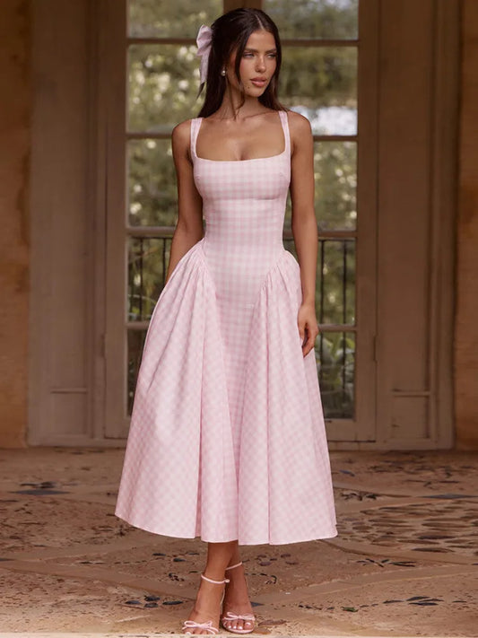 Plaid Printed Maxi Dress For Women Gown Summer New Spaghetti Strap High Waist A-line Backless Club Long Dress Vestido