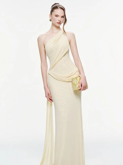 Mesh Tassel Maxi Dress Women Slanted Shoulder Folds Solid Elegant Birthday Party Vacation Summer Fashion Vestidos