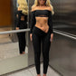 Sexy 2-Piece Set Women Hollow Slash Neck Full Sleeve Crop Tops+v-Waist Skinny Pants High Elasticity Chic Streetwear