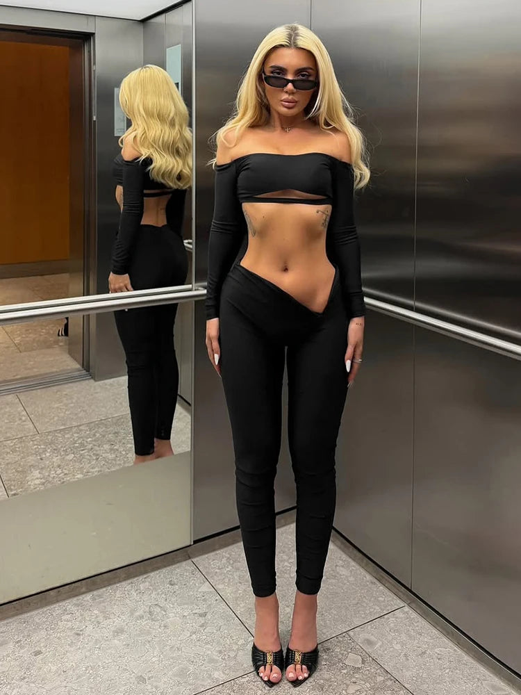 Sexy 2-Piece Set Women Hollow Slash Neck Full Sleeve Crop Tops+v-Waist Skinny Pants High Elasticity Chic Streetwear