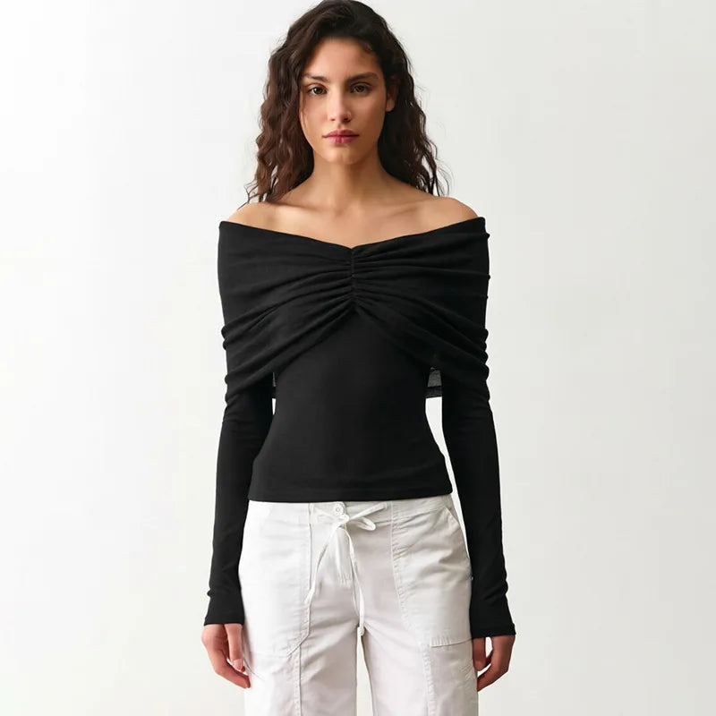 Off The Shoulder Long Sleeve Top with Sheer Mesh Ruched Overlay Elegant Fall T Shirts Woman Clothing