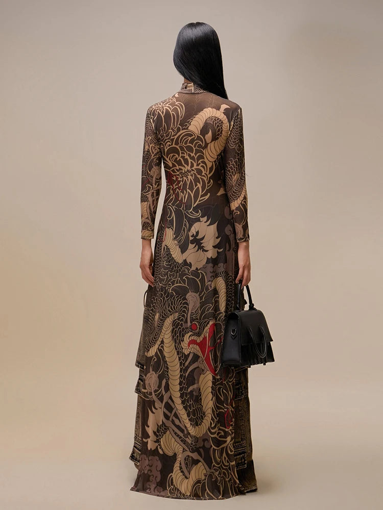 Snake Print See Through Blouse Women Half-High Neck Long Sleeves High Slits High Elasticity Street Skinny Trend Long Tops