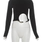 Irregular Hem Crop Tops Women Metal Ring Decoration o-Neck Full Sleeve Daily Fashion Casual Daily Elasticity Streetwear