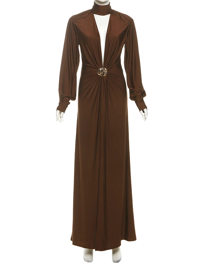 Chic Metal Pin Maxi Dress Women Sexy Split Deep V-Neck Long Sleeve Elegant Simple Evening Skinny Stretch Long Bodycon