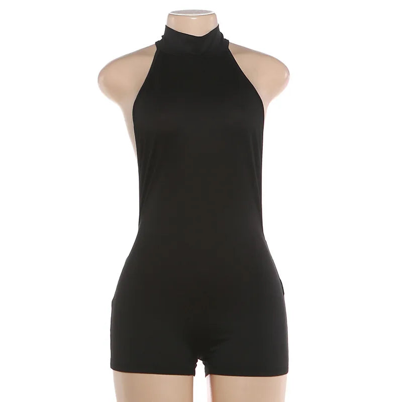 Black Backless Halter Playsuit Romper One Piece Jumpsuit Sexy Club Outfits 2026 Woman Summer Clothing