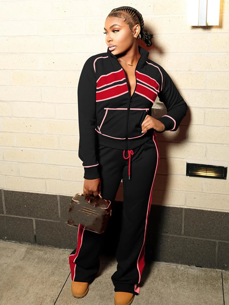 Fashion 2Piece Set Woman Contrast Patchwork Full Sleeve Zip Cardigan Jacket+Drawstring Long Pants Sporty Casual Tracksuit